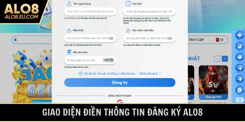 Giao diện điền thông tin đăng ký ALO8